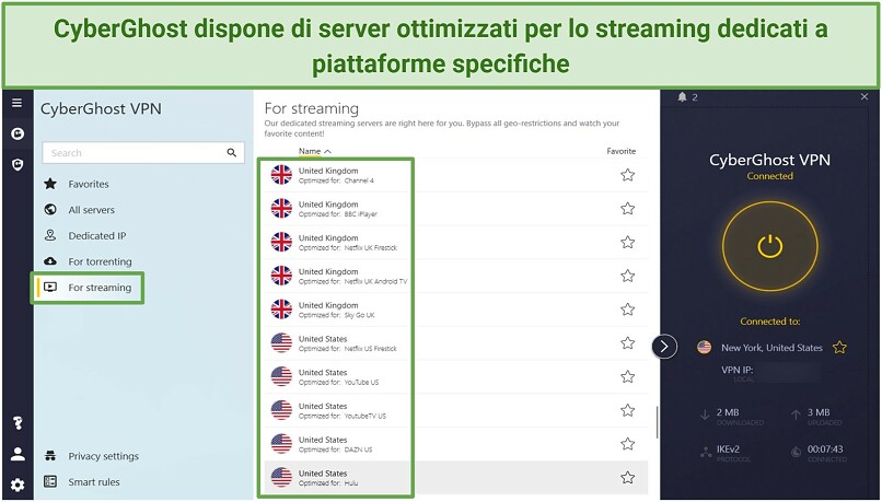 Screenshot of CyberGhost's Windows app interface showing the For Streaming Menu list of streaming-optimized servers