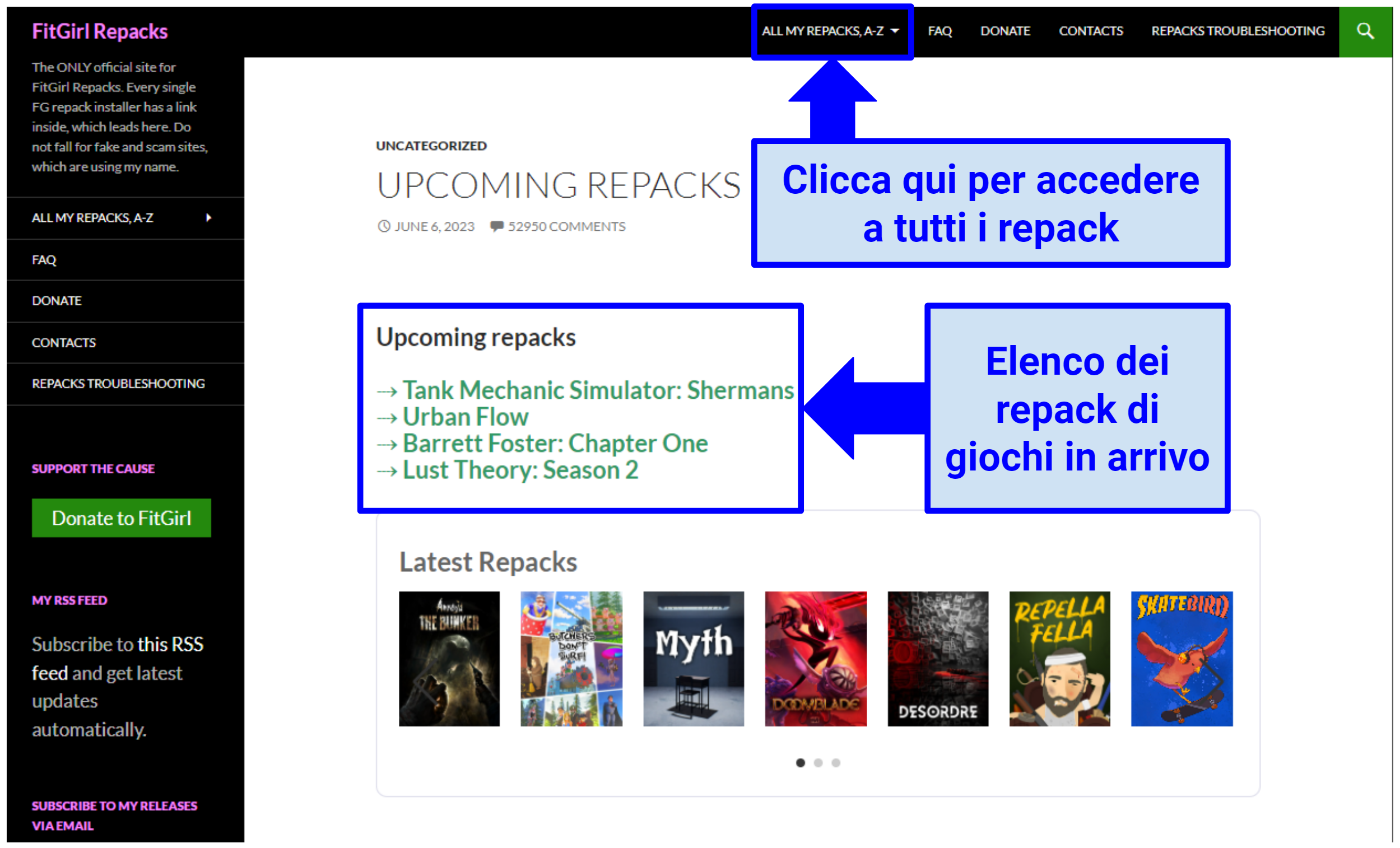 Screenshot showing FitGirl Repacks website displaying upcoming repacks