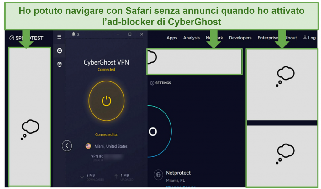 A screenshot showing how effective CyberGhost's ad-blocker is.