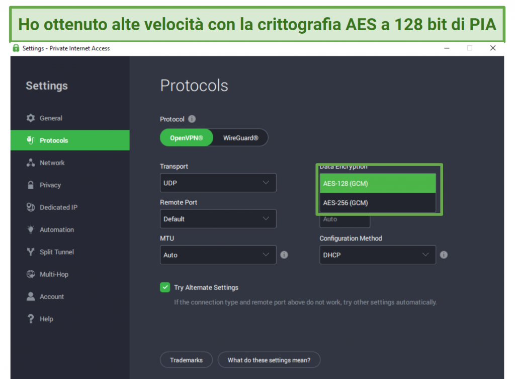 A screenshot showing PIA's encryption options.