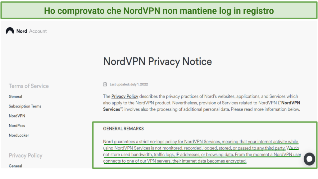 Screenshot showing NordVPN's privacy policy stating it doesn't log users data.