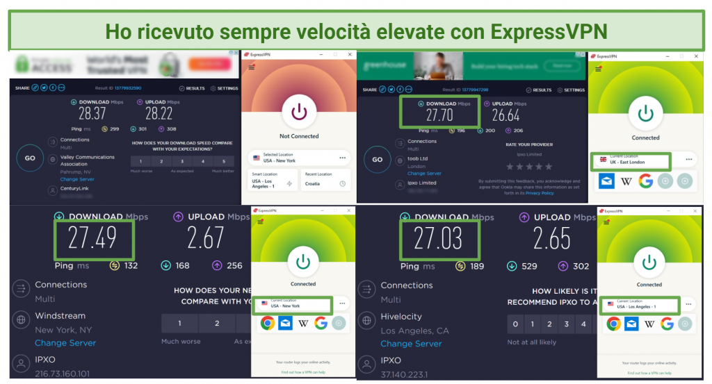 Screenshots of speed tests while connected to some of ExpressVPN's servers