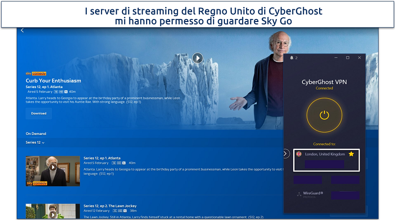 Screenshot of CyberGhost connected to London server on Sky Go