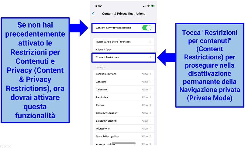 Screenshot delle Restrizioni Contenuti & Privacy su un iPhone