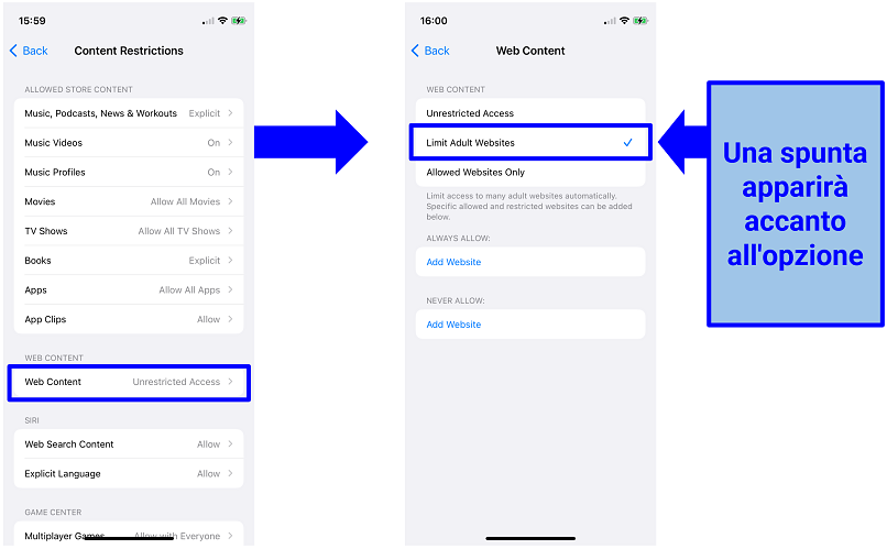 Screenshot delle impostazioni di restrizione dei contenuti su un iPhone