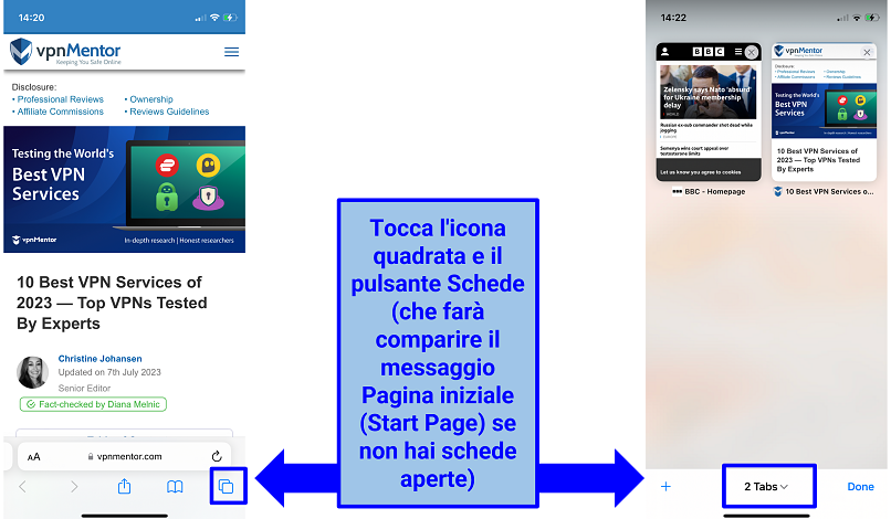 Istantanea delle schede del browser Safari iOS