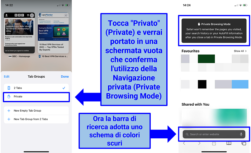 Istantanea della Navigazione Privata su Safari iOS