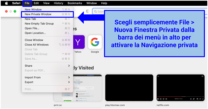 Istantanea per abilitare la Modalità di Navigazione Privata su Safari (MacBook)