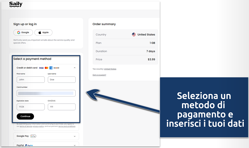 Screenshot showing payment screen for a Saily eSIM plan