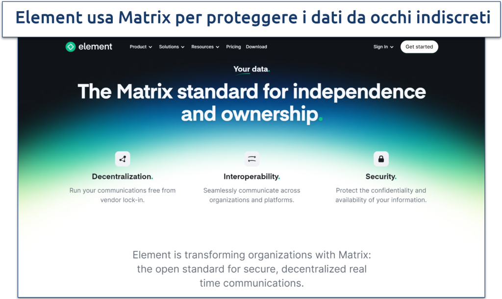 Screenshot of the Element app's webpage