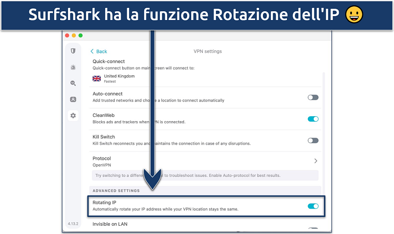 Screenshot of Surfshark's Settings menus with the Rotating IP feature highlighted