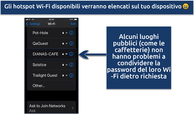 Screenshot showing the available WiFi hotspots on an iPhone