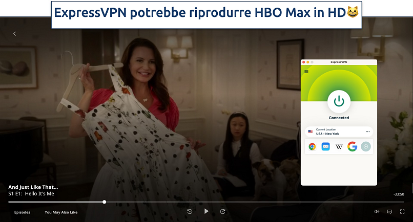 Screenshot dello streaming di un film su HBO Max con l'app ExpressVPN in background