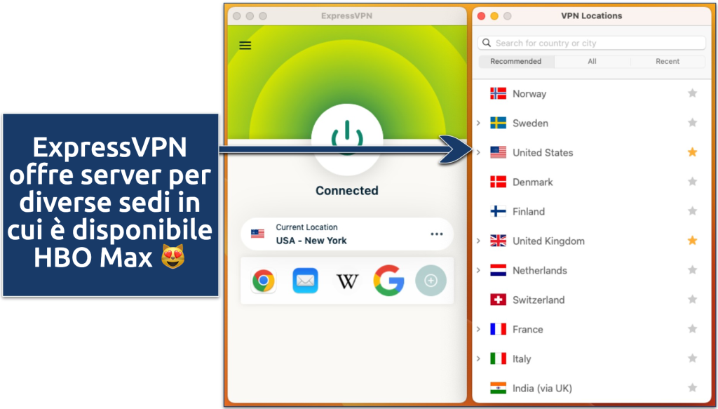 Screenshot dell'elenco dei server di ExpressVPN