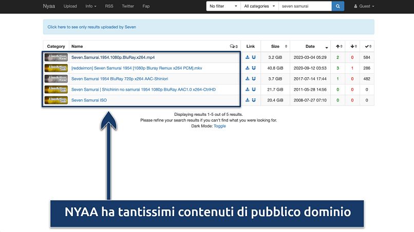 Screenshot della pagina dei risultati di ricerca di NYAA