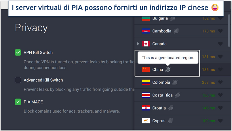 Screenshot delle impostazioni di privacy di PIA e dei server virtuali nell'app