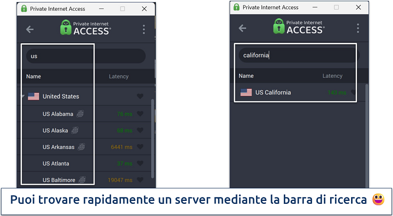 Screenshot of Private Internet Access' Windows app highlighting how to use the server search bar