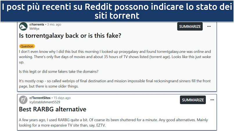 Screenshot dei post di Reddit che parlano di TorrentGalaxy e RARBG