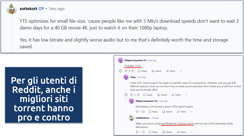 Screenshot delle videate di Reddit che parlano di 1337x e YTS