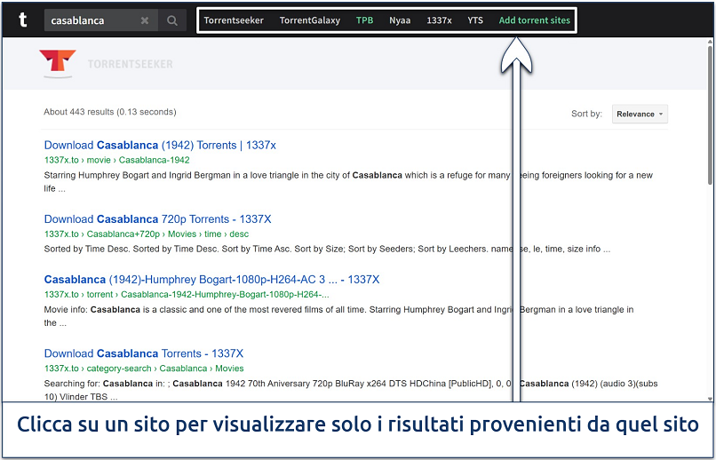 Screenshot della pagina dei risultati di ricerca di Torrends