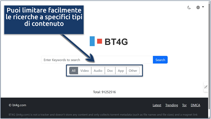 Screenshot della pagina di ricerca principale di BT4G