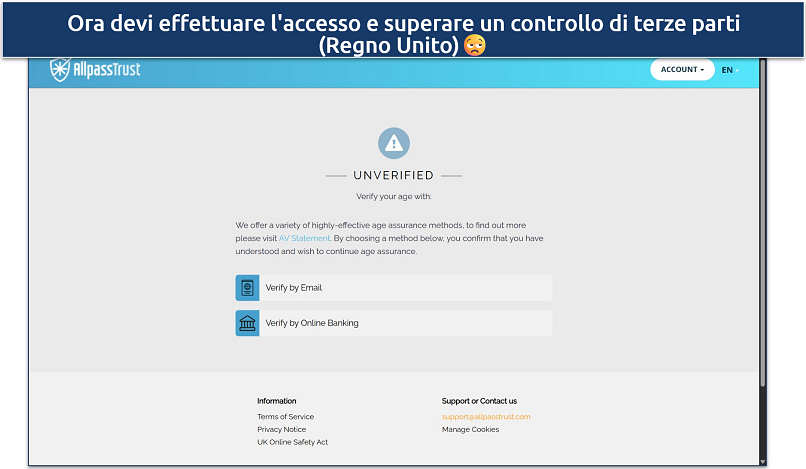 Screenshot of the AllpassTrust age verification page, showing options for email or online banking options