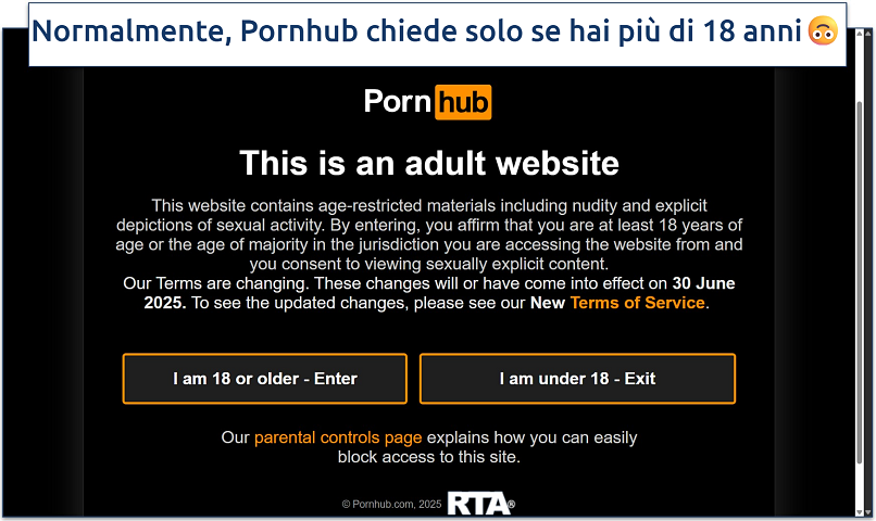 Screenshot of the Pornhub page asking visitors to confirm whether they are over or under 18