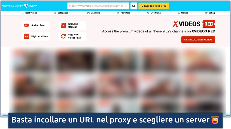 Screenshot of XVideos loaded via the hide.me web proxy