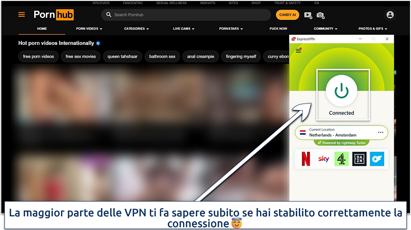 Screenshot of Pornhub website homepage with an active ExpressVPN connection to the Netherlands - Amsterdam server
