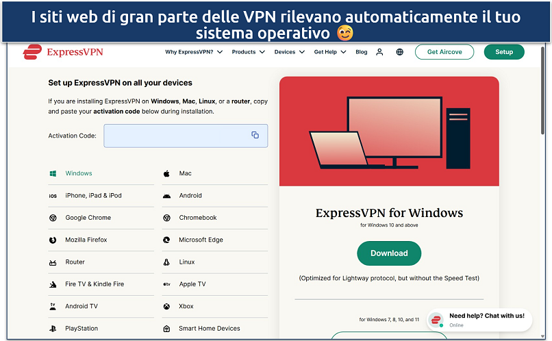 Screenshot della dashboard dell'account ExpressVPN con le varie opzioni di download dell'app