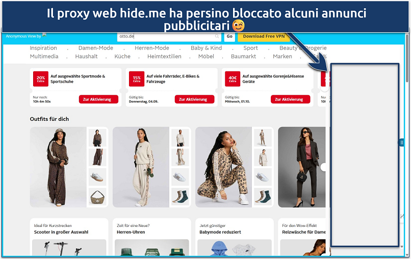 Screenshot del marketplace Otto.de caricato tramite il proxy web hide.me