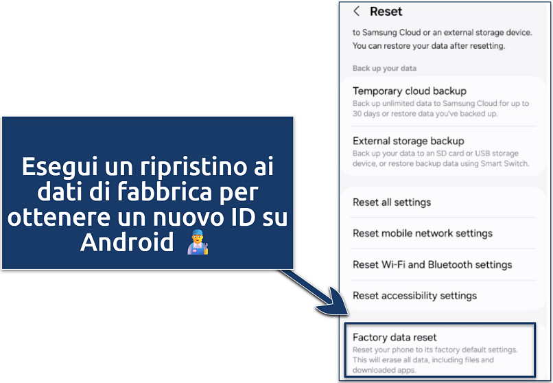An image of factory data reset in Android settings