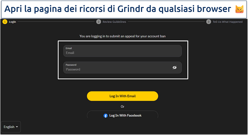 An image of the Grindr appeal page sign in