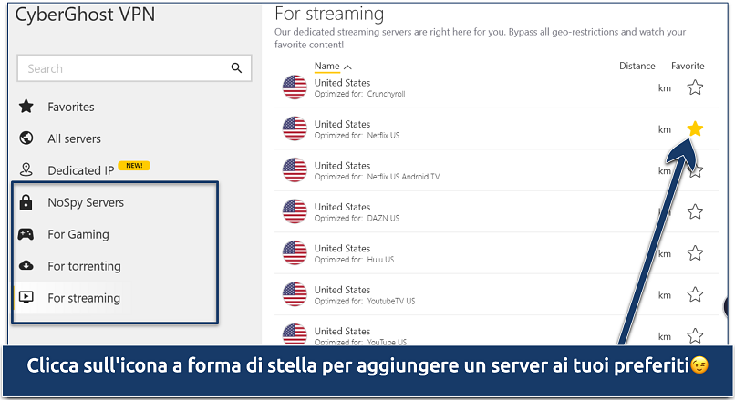 Screenshot of CyberGhost's list of specialized servers