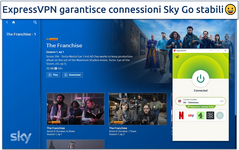 Screenshot of ExpressVPN with an active UK - East London connection and The Franchise on the Sky Go website
