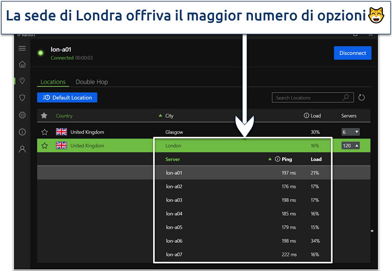 Screenshot of the IPVanish Windows app interface with its United Kingdom London server list expanded